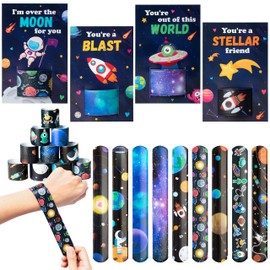 ANGOLIO 28Pcs Outer Space Theme Slap Bracelets with 28Pcs Valentine's Day Greeting Cards, Astronauts Planets Solar System Party Decoration Supplies Valentine Classroom Exchange Gift for Students