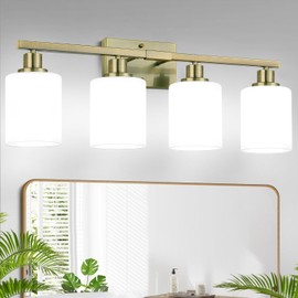MOKATNG 4-Light Bathroom Light Fixtures, Aged Brass Vanity Light with Milky White Shades, Bathroom Lighting Fixtures Over Mirror, Modern Bathroom Wall Lamp for Mirror Living Room Cabinet Bedroom