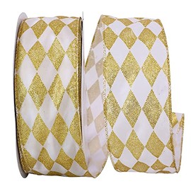 White Gold Diamonds Christmas Ribbon - 2 1/2" x 50 Yards, Argyle, Gold Wire Edged, Glitter, Mardi Gras, Gift Wrapping, Wreath Decoration, Garland, Tree Topper Bow