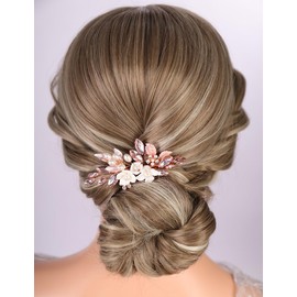 Teyglen Dainty Pink Crystal Flower Hair Comb Bridal Rhinestone Pearl Hair Piece Wedding Leaf Flower Hair Side Comb Floral Hair Accessories for Women Wedding Headpiece(Pink)