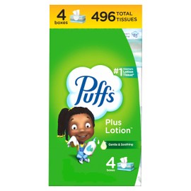Puffs Plus Lotion Facial Tissues, 4 Family Boxes, 124 tissues per Box, Allergies and Colds