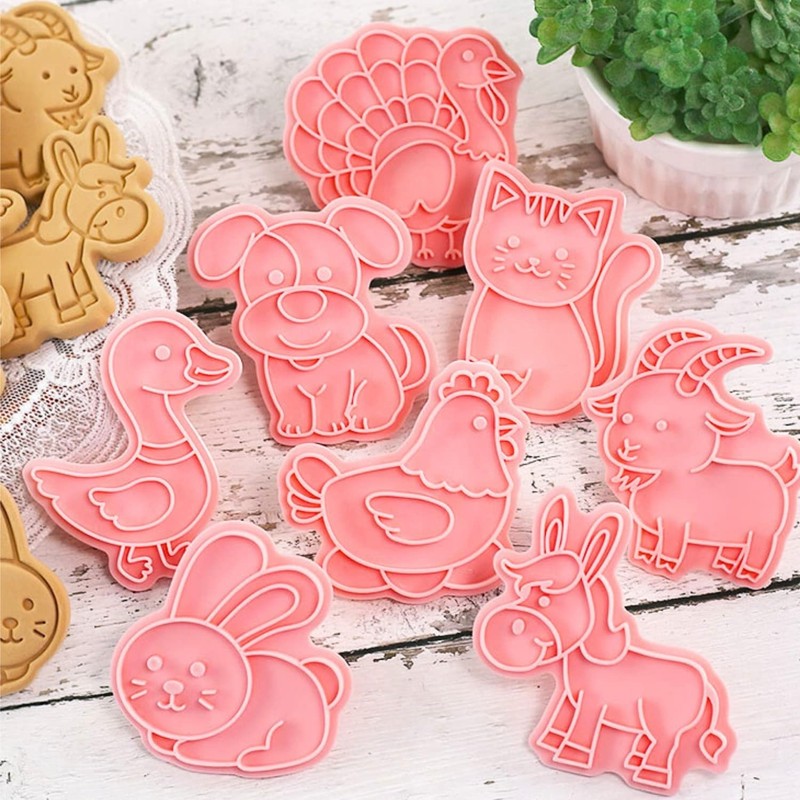 Farm Animal Cookie Cutter Set-8 Plastic Cookie Cutter Stamp- Farm