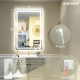SMIROR LED Bathroom Mirror with Lights 24"x 36", Rounded Rectangle Lighted Vanity Mirror for Wall, Front Lit and Backlit, 3 Colors, Dimmable, Anti-Fog, Tempered Glass (Horizontally/Vertically)