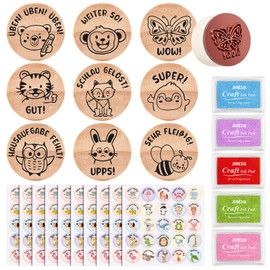 Nezyo Stamp Set for Teachers, 9 Wooden Teacher Stamps, 10 Sheets Animal Reward Stickers, 5 Ink Pads, Motivational Stamps, Gift for Reward, Teacher's Day, School Child, Nursery School (Macaron Colours)