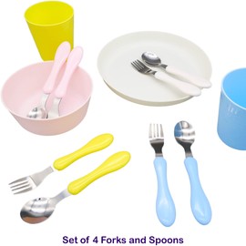 Bloomsworld 8 Toddler Cutlery Set, Kids Spoons and Forks, Stainless Steel Kids Cutlery, 4 Forks and 4 Spoons, Self-Feeding Childrens Cutlery for Boys and Girls - Pastel