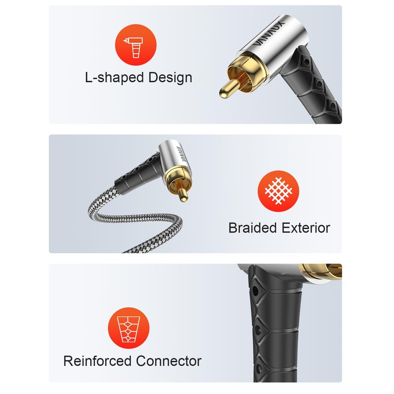 VANAUX 90-Degree Subwoofer Cable 3.3FT,90 Degree RCA to 90 Degree