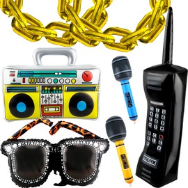 Cagemoga 15 Pcs Inflatable 80s 90s Decorations Includes Inflatable Radio Boombox Blow up Mobile Phone Microphone EyeGlasses Gold Foil Chain Balloons for 80s 90s Hip Hop Party Decorations