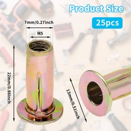 Moicstiy 25Pcs M5 Steel Multi Grip Rivet Nuts Pre Bulbed Shank Zinc-Plated Flat Head Threaded Insert Nut Construction Fasteners for Industrial