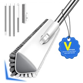 Grout Brush with Long Heavy Duty Handle, 180° Swivel Floor Scrub Brush, V-Shaped Grout Line Scrubber with Stiff Bristles, Cleaning Brush for Deep Cleaning Tile Grout, Shower, Kitchen, and Concrete