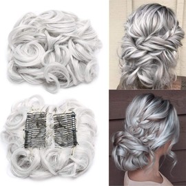 Silk-co Combs Hairpieces Hair Bun Scrunchy Scrunchie Updo Clip in Chignon Short Messy Curly Wavy Hair Extensions # Silver Grey