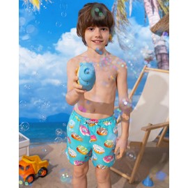 SURF CUZ Boys Swim Trunks Swimsuit for Toddler Boy Bathing Suits Quick Dry Kids Board Shorts UPF 50+ Mesh Swim Shorts Green Doughnut 7 Years