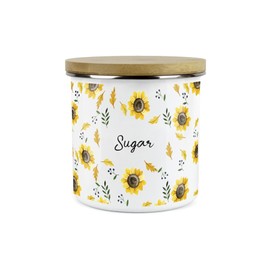 Purely Home Yellow Sunflowers Sugar Storage Canister - White Metal Enamel Kitchen Food Storage Container