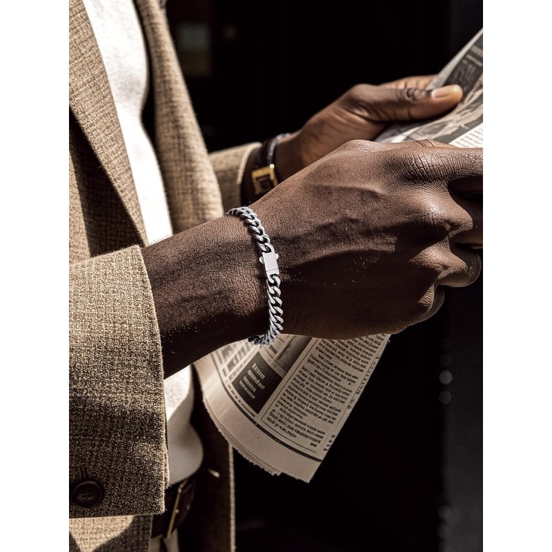 7mm Silver Cuban Link Bracelet, 21cm (8 Inches) Stainless Steel