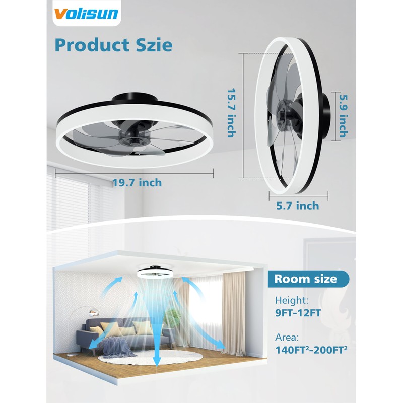 VOLISUN Low Profile Ceiling Fans with Lights and Remote, Bladeless