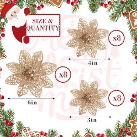 Boao 24 Piezas Flor de Pascua Navideña con Brillantina Adornos de Flores Artificiales para Árbol de Navidad con Pinzas para Decoración de Fiestas Varios Tamaños 3/4/6 Pulgadas(Champán)