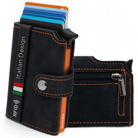 BEWMER v2 Shielded Slim Wallet with Coin Compartment for Men & Women, Card Holder, RFID Protection & Anti-Cloning, Wallet for Notes, Coins & 9 Credit Cards, Black & Orange