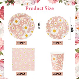 Bicuces 80 Pcs Daisy Tableware Daisy Party Decorations Daisy Party Supplies Daisy Flower Dinnerware Daisy Birthday Plate Cups Napkins for Two Groovy Party Boho Rainbow Party Decorations