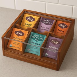 Acacia Wood Tea Bag Storage, 6 Compartments, Wooden Tea Box, Tea Organizer with Acrylic Transparent Hinge