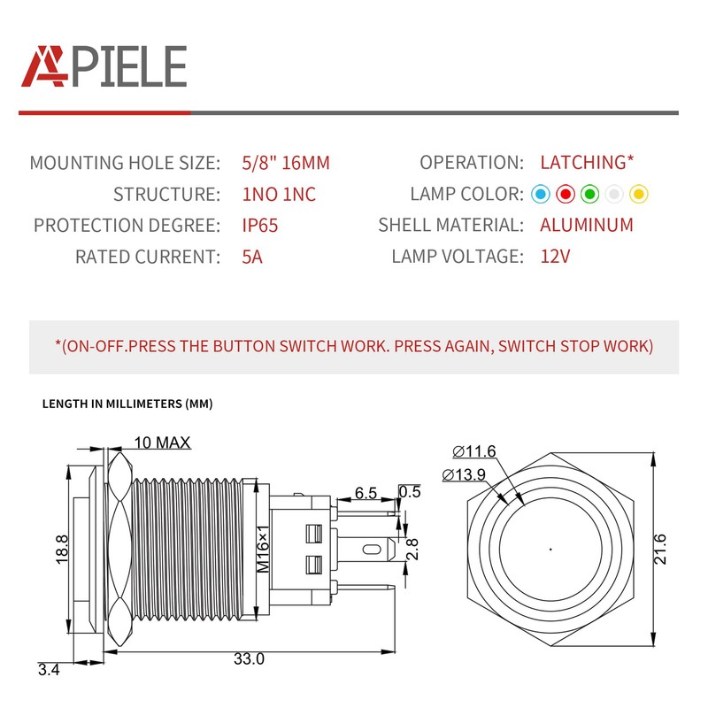 APIELE 16mm Latching Push Button Switch 12V On Off Aluminium