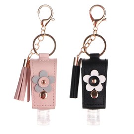 Pcmursal 2 Packs Hand Sanitizer Keychain, portable mini hand sanitizer gel holder keychain travel size bottle, hand sanitizer holder keychain cute, durable hand sanitizer portable leathe (Blackl、Pink)