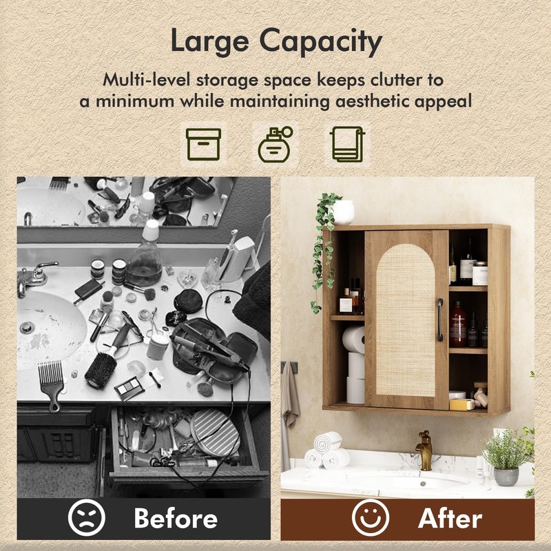 RUSTOWN Boho Rattan Wall Cabinet, Midcentury Bathroom Cabinet with Sliding