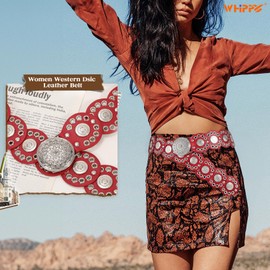 WHIPPY Western Belts for Women Vintage Disc Waist Belts Concho Leather Belts Boho Waist Belt for Dress Jeans, Red, M