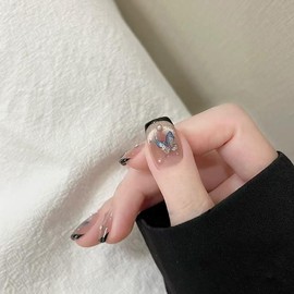 LIyun&Hang Press on Nails French With Black Tip Squoval Shapes 24Pcs Glossy Full Cover Artificial Fake Nails, Butterfly Pearl and Cat Eyes Design, Reusable Luxury jelly glue Stick On Nails(type-11)