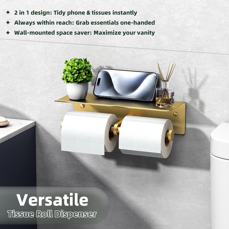 APLusee Brushed Gold Double Toilet Paper Holder with Shelf, Heavy
