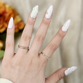 Sun&Beam Nails Handmade Nail Tip, Medium, Long, Almond, False Claws, Mermaid Scales, Shells, Pearl, Sparkle, Popular, 3D, Fashionable, Cute Design, 10 Pieces (#30, White, M)
