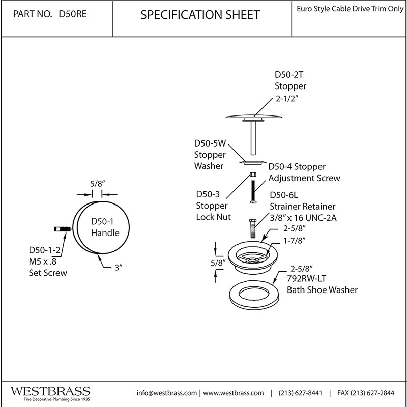 Westbrass D50RE-26 Replacement Trim for Cable Drive Bath Drain Waste