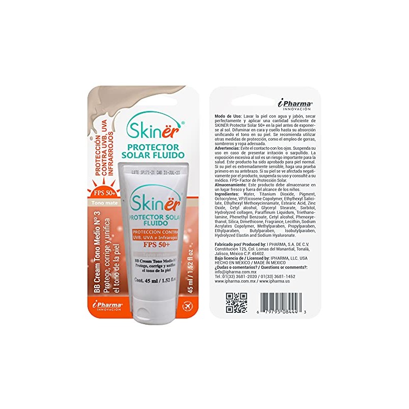 Protector solar Facial Skinër 45 ml. Filtro con maquillaje Tono