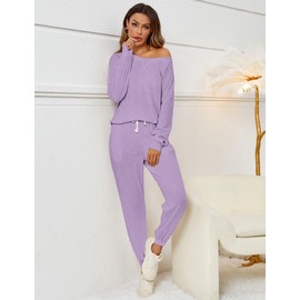 FIOPHY Cozy 2 Piece Lounge Sets for Women Sweatsuit Pajamas Outfits Long Sleeve Tops and Joggers Loungewear Set Light Purple M