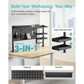 PEGZONE Clamp on Desk Shelf, 44" Desktop Shelving System with Pegboard and Accessories, Desktop Organizer with 2-Tier Shelf, Desk Pegboard for Office Home Gaming, Black