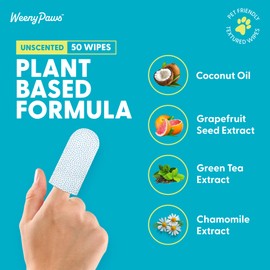 WEENY PAWS Teeth Cleaning Wipes for Dogs & Cats, Remove Bad Breath by Removing Plaque and Tartar Buildup No-Rinse Dog Finger Toothbrush, Disposable Gentle Cleaning & Gum Care Pet Wipes, 50 Counts