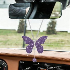 Crystal Butterfly Rearview Mirror Hanging Ornament, Bling Butterfly Car Charm Pendant for Rear View Mirror, Sparkling Car Interior Decoration Accessory for Women Girls Vehicle Hanging Decor(Purple)