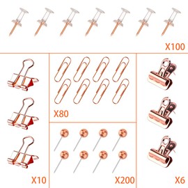 Push Pins Binder Clips Paper Clips Map Tacks Sets, 5 Styles 396 Pcs Rose Gold Pack for Office, School and Home Supplies (Pin and Clips)