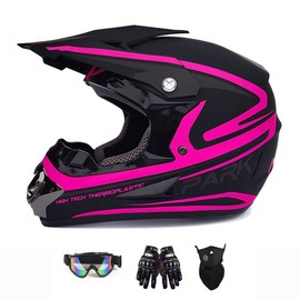 Youth Adult Dirt Bike ATV Helmet Motocross Anti-Collision Full Face Motorcycle DOT Approved BMX Downhill Off-Road Mountain Bike Helmet with SUV Goggles Gloves Face Shield (Pink, X-Large)