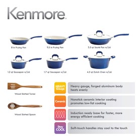 Kenmore Arlington Nonstick Ceramic Coated Forged Aluminum Induction Cookware with Bakelite Handles, 12-Piece Set, Metallic Blue