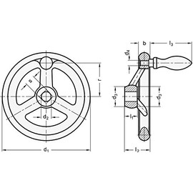 DIN aluminium hand wheel, 200 mm diameter, 22 mm bore with groove, with rotating handle