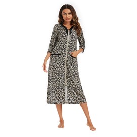 Verve Jelly Women's Zip Up Housecoat Leopard Robe Lightweight Bathrobe Short Sleeve Loungewear Nightgowns with Pockets Leopard 2 XL