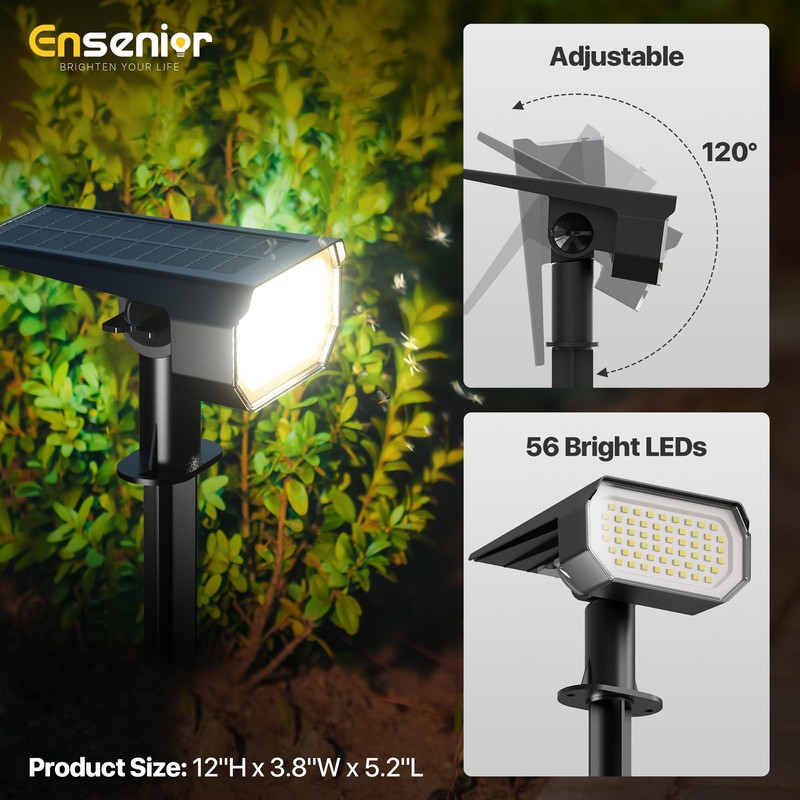 Ensenior Solar Spotlights Outdoor, Brightness Adjustable 6500K LED Solar Garden