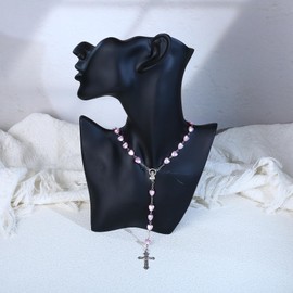 MAIGO Rosary Beads - Pink Rosary Beads Catholic Women Smooth Beads Catholic Cross Necklace Religious Jewelry Catholic Jesus Cross Pendant Necklace Jesus Cross Chain Rosery Catholic Silver Necklace
