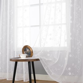 YoungsTex Linen Sheer Curtains 84 Inches Length for Living Room, Rod Pocket White Light Filtering Drapes with Embroidered Lace Pattern for Bedroom Dining Room Modern, 2 Panels, 52 X 84 Inch