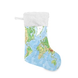 xigua World Map Christmas Stockings White Plush Cuff Stocking Gift Holders for Party Holiday Decorations Ornaments (17.7 Inch, 1 Pack)