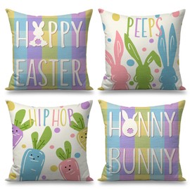 FUYUCHEN Happy Easter Pillow Covers 18x18 Set of 4 Hunny Bunny Rabbit Buffalo Plaid Polka Dots Throw Pillows Decorative Spring Pillowcases for Sofa Couch Home Farmhouse Holiday Decorations