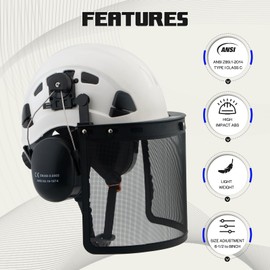 LOHASWORK Safety Hard Hat ANSI Z89.1 Approved,Adjustable Safety Helmet with Earmuff and Face Shield,Construction Work Forestry Aborist Helmet(092-1White+Earmuff+Shield)