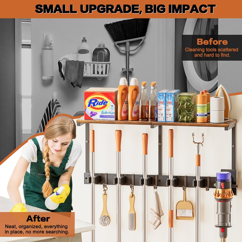 Broom Holder Wall Mount with Cleaning Supplies Organizer, Laundry Room
