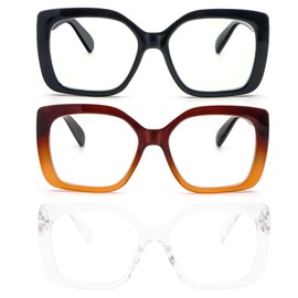 DXYXYO 3 Pack Oversized Oprah Reading Glasses for Women, Blue Light Blocking Large Computer Readers with Spring Hinge 1.0 Black+Brown+Clear