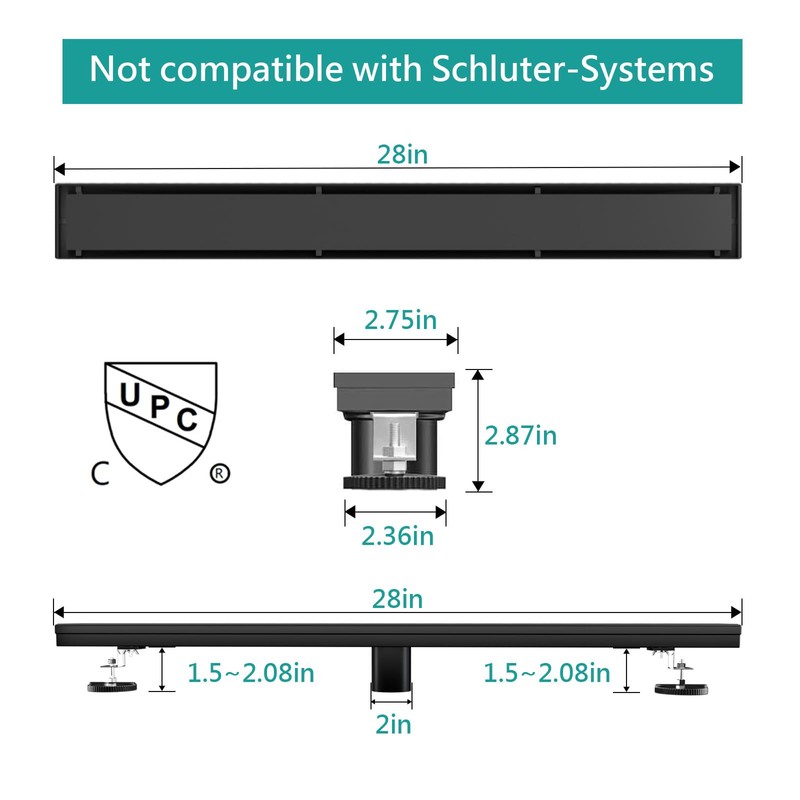 BARONAGE 28 Inch Shower Black Linear Drain, Rectangular Floor Drain