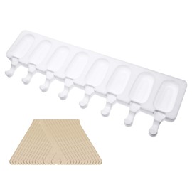 Mini Skater 8- Cavities White Silicone Ice cream Bar Mold Reusable DIY Classic Shape Ice cream Makers with 50Pcs Wooden Sticks for Homemade Ice cream,1PCS
